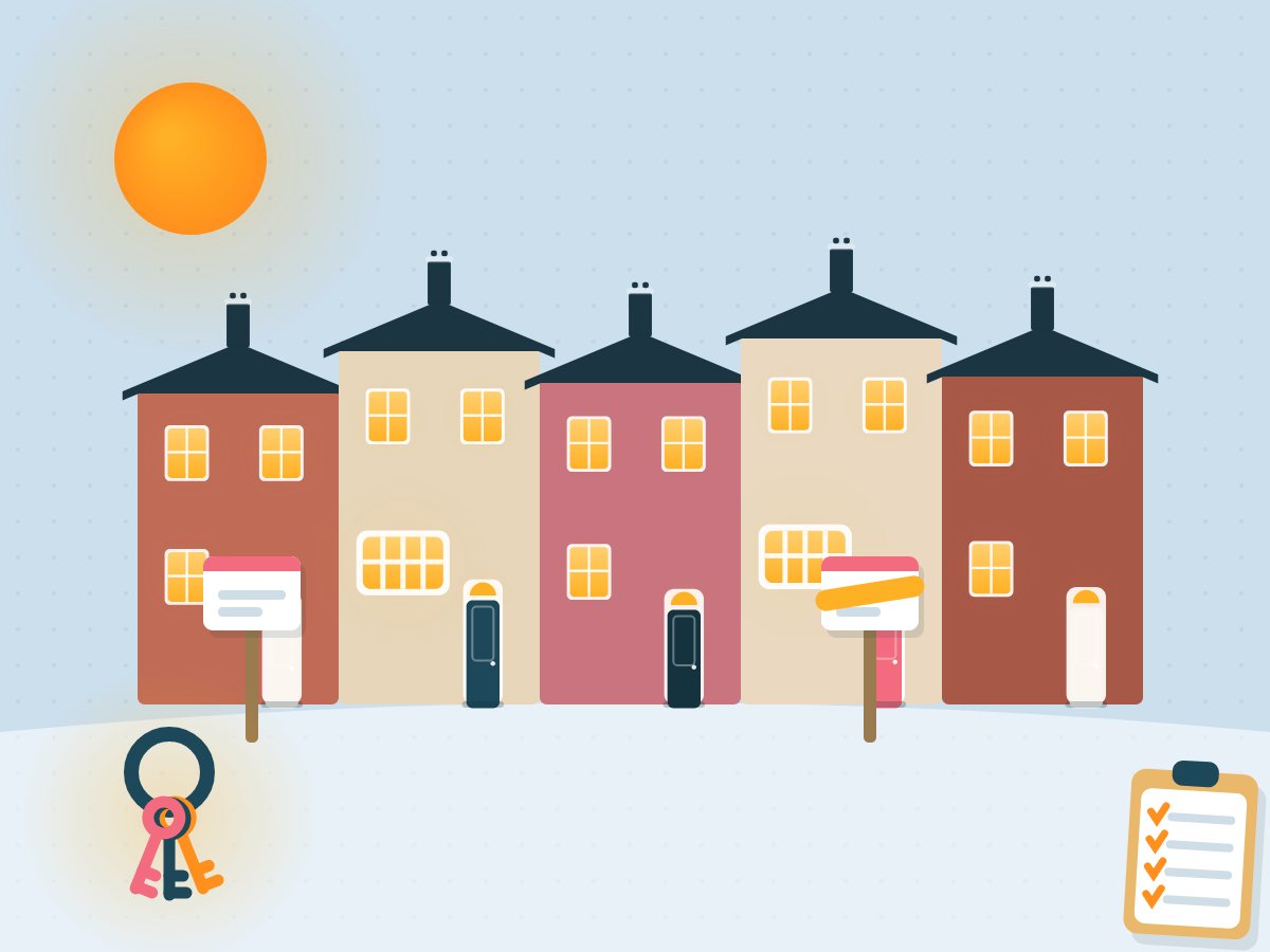 Illustration of a row of UK terraced rental properties with To Let and Let Agreed boards, and a landlord's keyring in the foreground