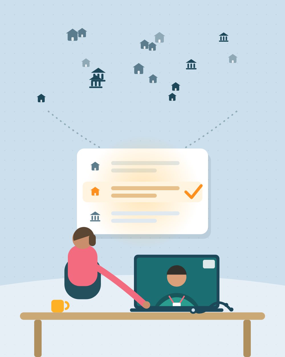 Illustration of an adviser on a video call with an NHS worker, filtering over 100 lenders down to an NHS-friendly shortlist